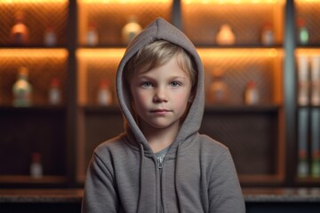 Photography in the style of pensive portraiture of a satisfied kid male wearing a cozy zip-up hoodie against a peaceful yoga studio background. With generative AI technology