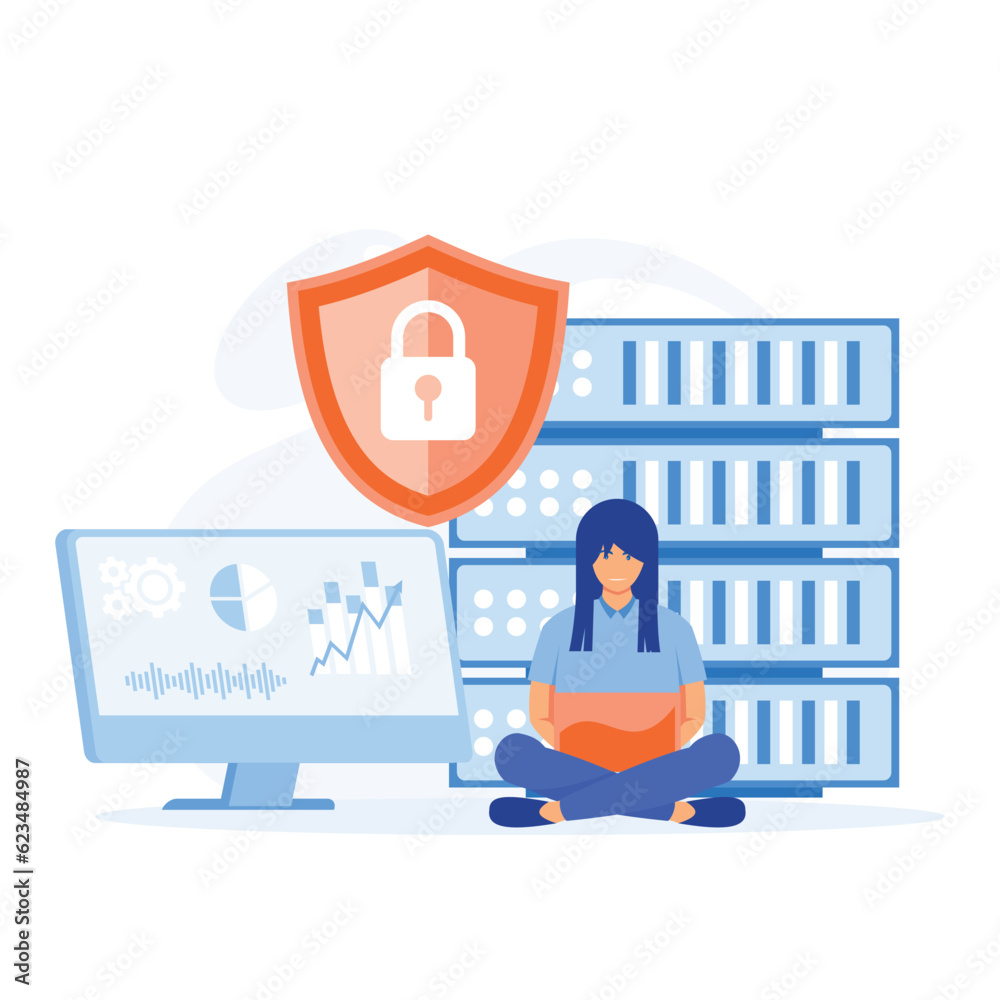 Poster database security hacker attack concept. hackers stealing personal data. flat vector modern illustra