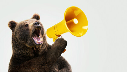 Creative brown bear holds a yellow loudspeaker in paw and shout on a light blue background. Animal cool boss and business management, concept. Creative idea to attract attention. Aggressive marketing.