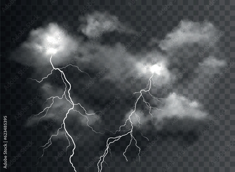 Wall mural vector realistic stormy clouds with lightning effects isolated on dark background