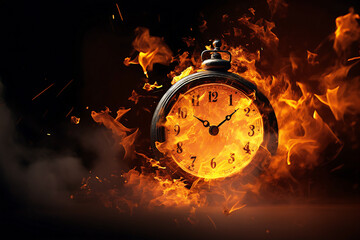 Alarm clock burning showing time is up and running out, can't stop, Conceptual art.