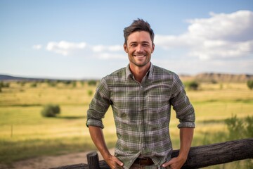 Lifestyle portrait photography of a happy boy in his 30s wearing a classy button-up shirt against a sprawling ranch background. With generative AI technology