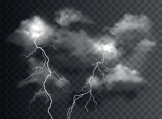 Vector realistic stormy clouds with lightning effects isolated on dark background - 623485395