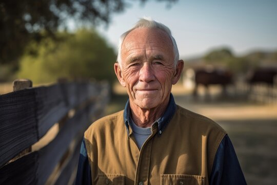 Headshot portrait photography of a tender old man wearing an elegant long-sleeve shirt against a sprawling ranch background. With generative AI technology