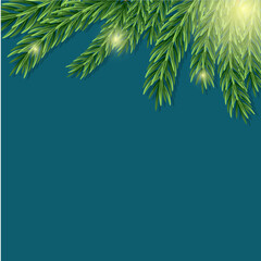Fototapeta na wymiar Realistic CHRISTMAS TREE pine branch blue background. New year glowing banner, postcard