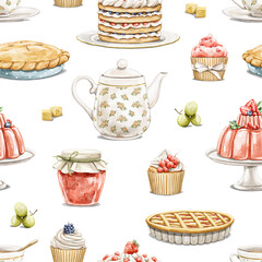 Seamless pattern with vintage variety set of sweet dessert, cupcakes, cake, pies and jams with berries isolated on white background. Watercolor hand drawn illustration sketch