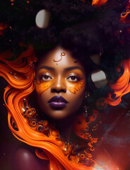 Artistic composition of a portrait of a woman with dark skin, brunette, with accentuated and three-dimensional makeup and volumetric and cinematic lighting
