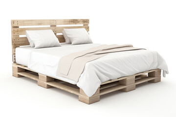 Modern inexpensive bed made of pallets on a white background.
