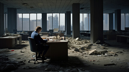 倒産した会社のオフィスで落ち込んでる男性 - obrazy, fototapety, plakaty