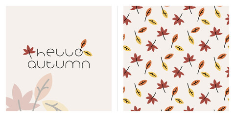 set of hello autumn lettering, seamless autumn leaf pattern and background vector illustration