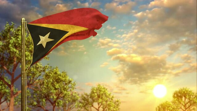 waving flag of Timor Leste at sunset for state holiday