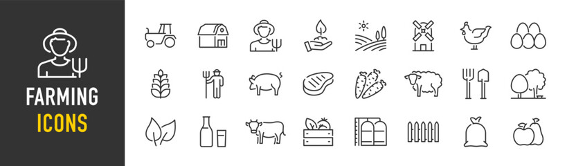Farming web icons in line style. Agriculture, planting, fertilizer, vegetables, tractor, farmers, fence, farm buildings, collection. Vector illustration. © iiierlok_xolms