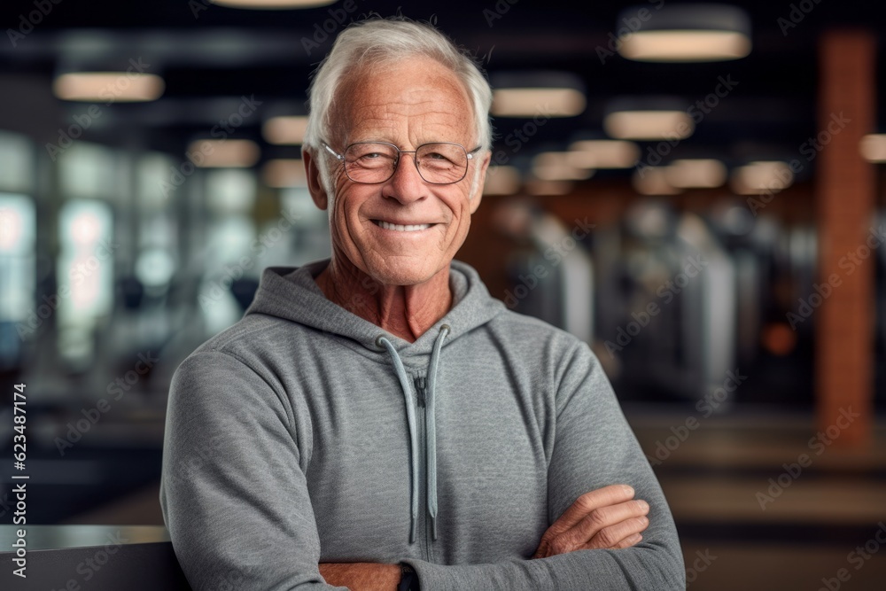 Poster Sports portrait photography of a grinning old man wearing a cozy sweater against a modern fitness center background. With generative AI technology