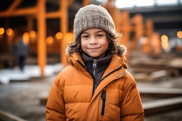 Editorial portrait photography of a joyful kid male wearing a cozy winter coat against a busy construction site background. With generative AI technology