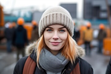 Obraz premium Close-up portrait photography of a glad girl in her 30s wearing a warm beanie or knit hat against a busy construction site background. With generative AI technology