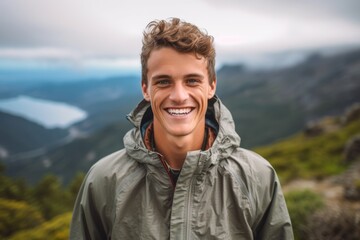 Medium shot portrait photography of a grinning boy in his 30s wearing a lightweight windbreaker against a scenic mountain trail background. With generative AI technology