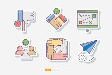 disagree thumb down, handshake for settlement, teamwork strategy, select right candidate, hands support, paper plane or business direction concept. sticker icon set. Team work vector illustration