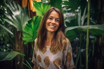 Urban fashion portrait photography of a grinning girl in her 30s wearing a cozy sweater against a lush tropical jungle background. With generative AI technology