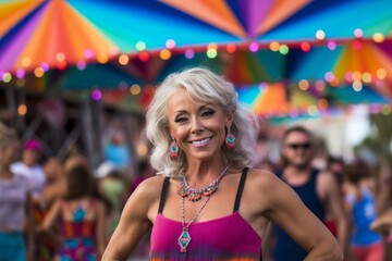 Editorial portrait photography of a glad mature woman wearing a daring bikini against a festive parade background. With generative AI technology