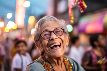 Obraz premium Editorial portrait photography of a grinning old woman wearing a stylish tank top against a festive parade background. With generative AI technology