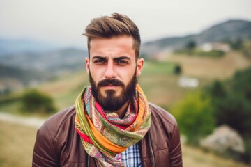 Medium shot portrait photography of a tender boy in his 30s wearing a colorful neckerchief against a picturesque countryside background. With generative AI technology