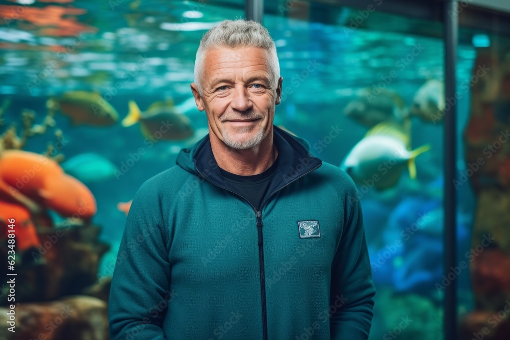 Canvas Prints Sports portrait photography of a tender mature man wearing a comfortable tracksuit against a vibrant aquarium background. With generative AI technology