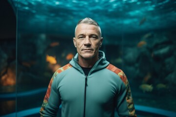Sports portrait photography of a tender mature man wearing a comfortable tracksuit against a vibrant aquarium background. With generative AI technology