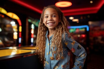 Obraz premium Medium shot portrait photography of a happy kid female wearing a chic jumpsuit against a lively sports bar background. With generative AI technology
