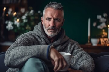 Fototapeta premium Photography in the style of pensive portraiture of a tender mature man wearing a cozy sweater against a cozy bed and breakfast background. With generative AI technology