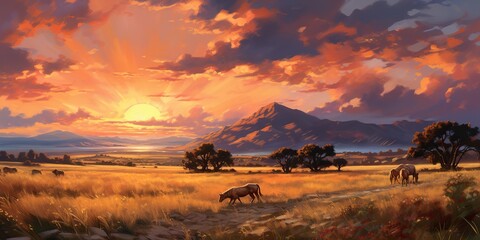 AI Generated. AI Generative. Wild horses on field meadow nature outdoor landscape. Relaxing calm inner peace vacation adventure western sountryside lifestyle vibe. Graphic Art