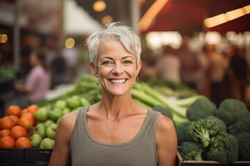 Casual fashion portrait photography of a glad mature woman wearing a daring tube top against a bustling farmer's market background. With generative AI technology - obrazy, fototapety, plakaty
