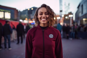 Fototapeta premium Sports portrait photography of a happy girl in her 30s wearing a comfortable tracksuit against a lively concert venue background. With generative AI technology