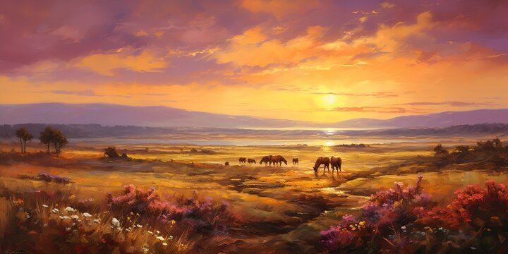 AI Generated. AI Generative. Wild horses on field meadow nature outdoor landscape. Relaxing calm inner peace vacation adventure western sountryside lifestyle vibe. Graphic Art