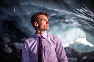 Photography in the style of pensive portraiture of a glad boy in his 30s wearing a classy button-up shirt against a majestic ice cave background. With generative AI technology
