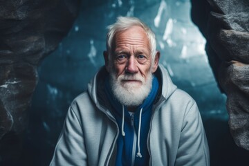 Casual fashion portrait photography of a glad old man wearing a stylish hoodie against a majestic ice cave background. With generative AI technology