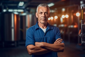 Fototapeta premium Photography in the style of pensive portraiture of a glad mature man wearing a sporty polo shirt against a lively brewery background. With generative AI technology