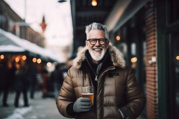 Obraz premium Urban fashion portrait photography of a glad mature man wearing a cozy winter coat against a lively brewery background. With generative AI technology