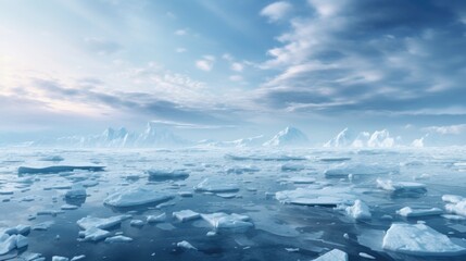 Antarctic landscape with ice floating in ocean water under cloudy blue sky