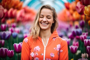 Sports portrait photography of a grinning girl in her 30s wearing a comfortable tracksuit against a colorful tulipfield background. With generative AI technology