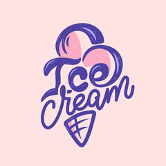 Ice Cream Logo. Hand drawn script lettering. Emblem. Pink dessert in a waffle cone with letters. Retro color vector inscription