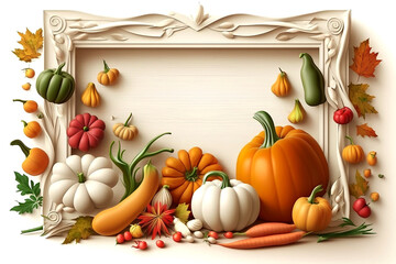 White  frame with autumn harvest or Thanksgiving day pumpkins, fall leaves and fruits, generative ai