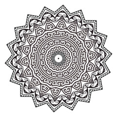 Zigzag Mandala. Ancient greek zig zag ornaments. Vector isolated black meander pattern on white background. Mandala with greek key meanders ornament, frames, borders, flowers. Ornamental design