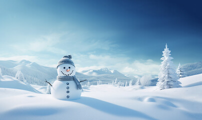 Obraz premium Merry christmas and happy new year greeting card with copy-space.Happy snowman standing in winter christmas landscape.Snow background