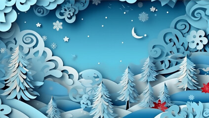 Fototapeta na wymiar christmas blue art tree winter background merry paper cardboard snowflakes origami. Generative AI.