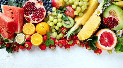 Naklejka na ściany i meble Fresh fruits. Juicy fruits variety natural nutrition.
