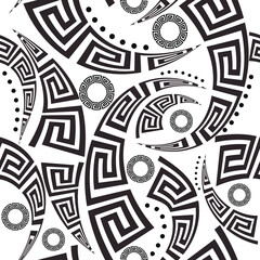 Greek style black and white hand drawn seamless pattern. Abstract modern vector background. Repeat tribal ethnic backdrop. Dotted lines, greek key, meanders, circles, curves. Endless isolated design