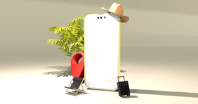 3D animated video of summer vacation on the beach with mobile phones and there are chairs and suitcases and arap map location with a beautiful and beautiful white sand background
