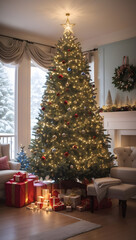 Fototapeta na wymiar クリスマスツリーの飾り付けと点灯｜Decorating and lighting a Christmas tree, Generative AI