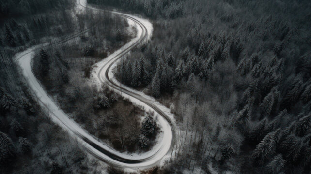 Aerial view of winding road in winter forest. Generative AI