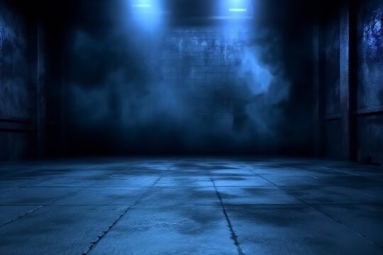 A big empty room, product , display, dark, foggy,  tinny light,